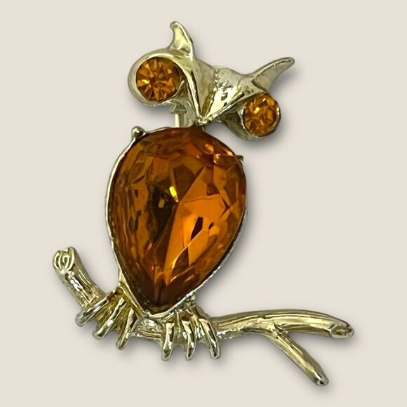 Vintage Dodds Owl BROOCH PIN Amber Rhinestone - Picture 2 of 5